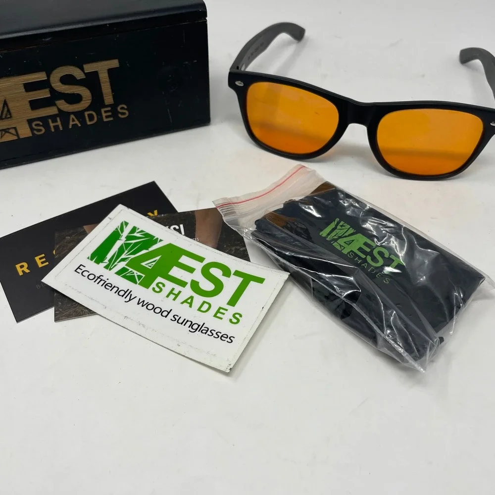 4EST Shades Eco-Friendly Wood Sunglasses Matte Black Orange Lens with Wood Box